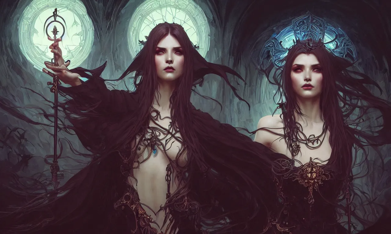 Image similar to Necromancer Sorceress in center, fantasy magic, undercut hairstyle, dark light night, intricate, elegant, sharp focus, illustration, highly detailed, digital painting, concept art, matte, art by WLOP and Artgerm and Greg Rutkowski and Alphonse Mucha, masterpiece