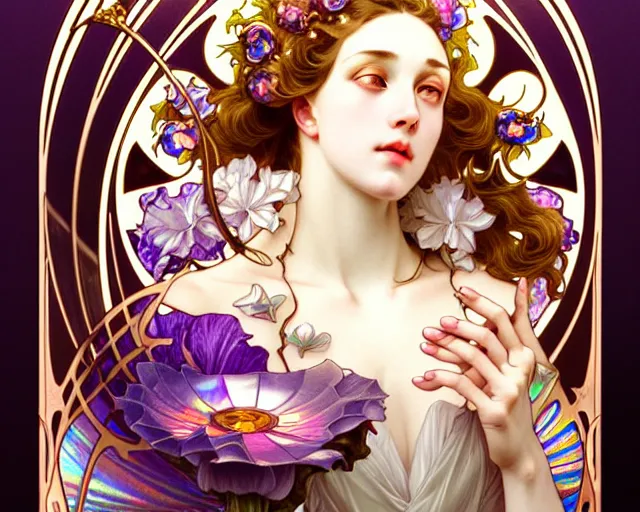 Prompt: overlord, rococo and art nouveau fusion, iridescent diaphanous refractive and reflective flower bouquet, tarot card, highly detailed, deep focus, elegant, digital painting, smooth, sharp focus, illustration, ultra realistic, 8 k, art by artgerm and alphonse mucha