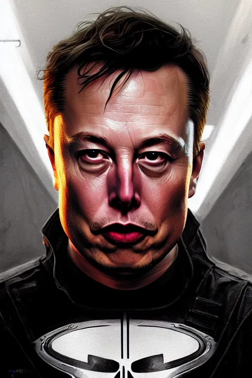 Image similar to elon musk as punisher, realistic portrait, symmetrical, highly detailed, digital painting, artstation, concept art, smooth, sharp focus, illustration, cinematic lighting, art by artgerm and greg rutkowski and alphonse mucha