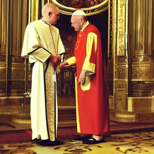 Image similar to award winning photo of reptilian alien wearing the popes robes