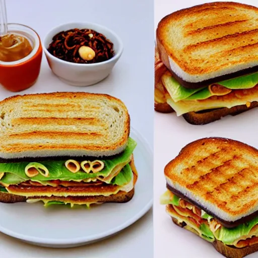 Prompt: peanut butter toast sandwich with indomie mi goreng noodles in between, multi stack sandwich, photo realistic, gourmet