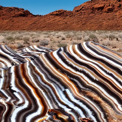 Image similar to a desolate arid landscape with pillars of banded agate reaching the sky