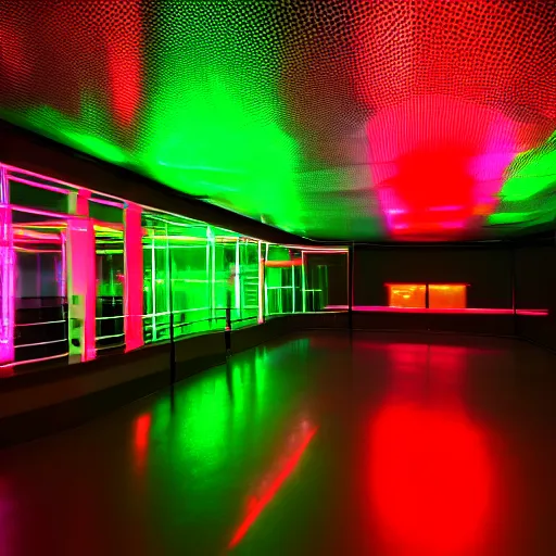 Prompt: A neon dance club, glowing fluorescent with shiny floors and reflective walls.