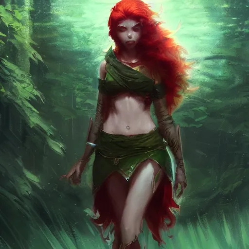 Prompt: a beautiful elf Druid girl with red hair and glowing green eyes , trending on ArtStation , concept art by greg rutkowski