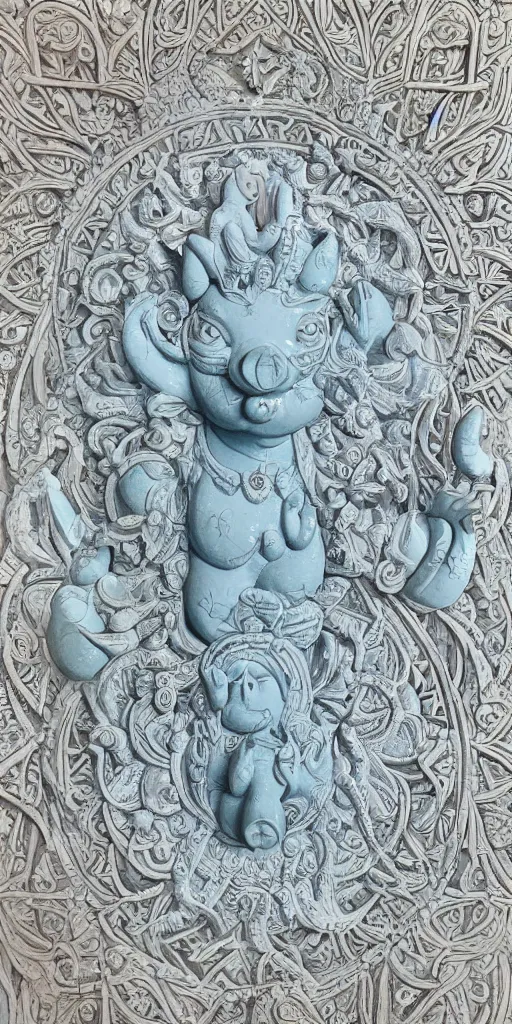 Image similar to intricate colourfully painted carved Soapstone relief paneling, white and pale blue , celestial, piggy, pig goddess, mother earth, Earth Goddess mythology, Gaia, angels, divinity, Ghostly, crystaline celtic, insanly detailed , artstation, wallpaper, hyper realistic, realistic lighting