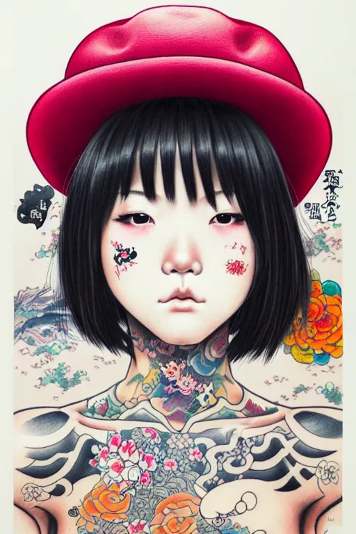 Prompt: full view of japanese girl with classic tattoos, wearing a cowboy hat, style of yoshii chie and hikari shimoda and martine johanna, highly detailed