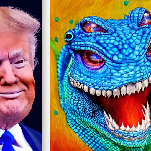 Image similar to president trump is a smiling laughing bright blue lizard person, airbrush painting, hyper detailed, 8 k, photorealism, rule of thirds, glitter.