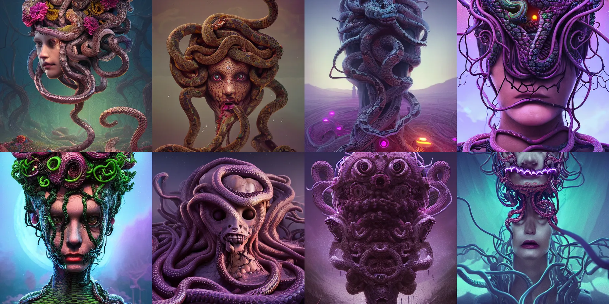 Prompt: beautiful creepy dark medusa gorgon gaze head, highly detailed snakes, beautiful flowers, beautiful dark creepy landscape, in the style of beeple and mike winkelmann, intricate, epic lighting, cinematic composition, hyper realistic, 8 k resolution, unreal engine 5, raytracing, ultraviolet colors,
