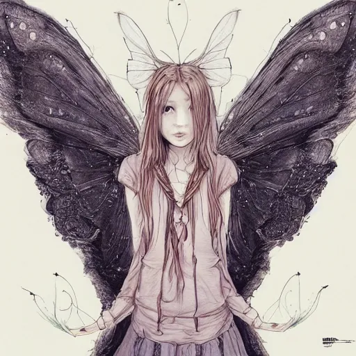 Image similar to portrait of a grungy fairy girl, wearing a hoodie and sweatpants, symmetrical wings, wings made of pizza, basic white background, symmetrical, watercolor, pen and ink, intricate line drawings, by Yoshitaka Amano, Ruan Jia, Kentaro Miura, Artgerm, detailed, trending on artstation, hd, masterpiece,