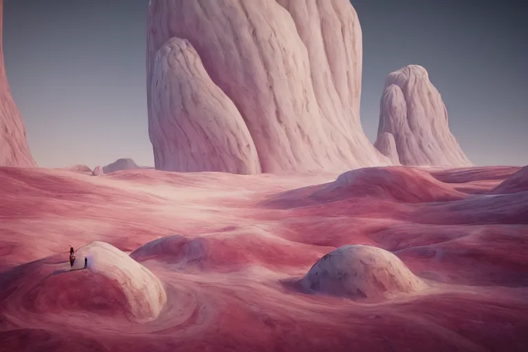 Image similar to pink desert, a broken white marble statue octane render detailed unreal engine 5 surrealism by leon tukker and jacek yerka