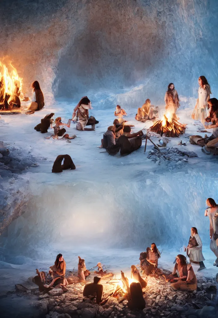 Prompt: realistic white tribe gather around a bonfire with a pregnant woman as her leader, proud people, sharp, ice cave, facinating, fantasy digital art, octane render, beautiful composition, trending on artstation, award - winning photograph, masterpiece