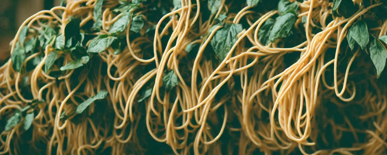 Image similar to zoomed in shot of spaghetti growing off a plant, on a bountiful farm, canon 5 0 mm, cinematic lighting, photography, retro, film, kodachrome