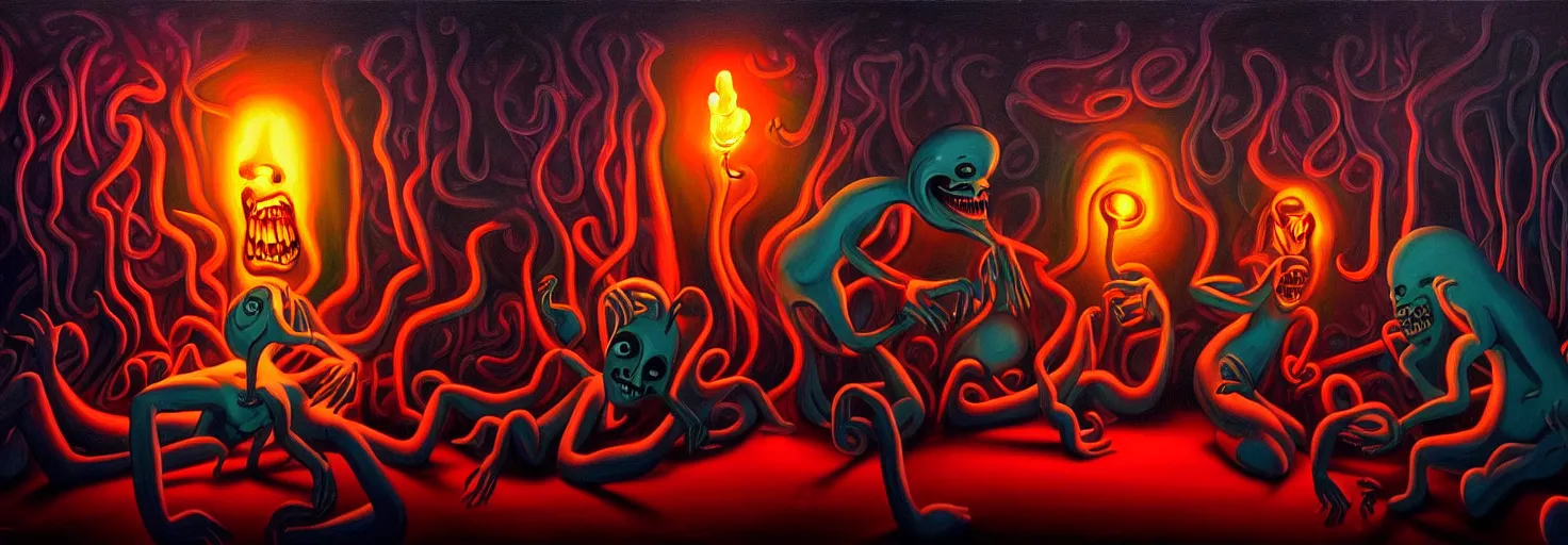 Image similar to visceral freaky obsessive monsters from the darkest depths of collective unconscious, dramatic glowing lighting, 1 9 3 0 s fleischer cartoon characters, wild emotional expressions - surreal painting by ronny khalil