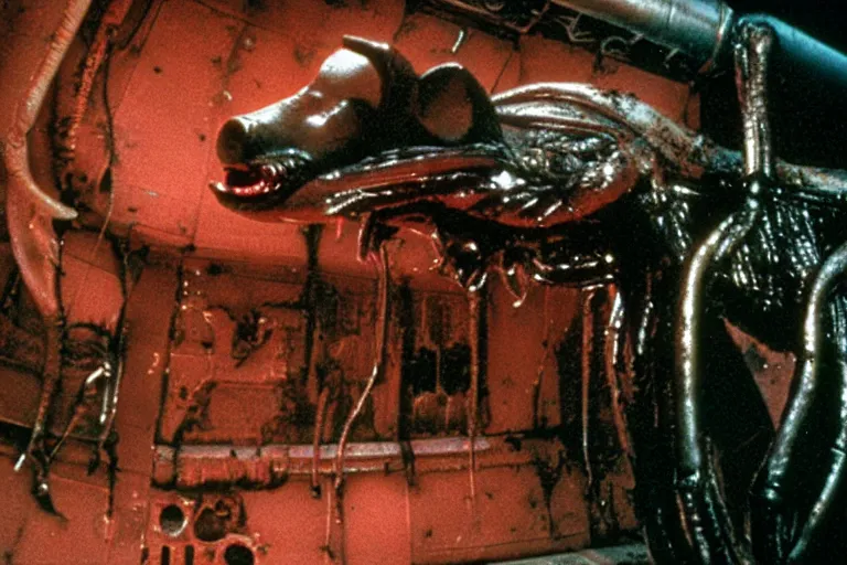 Image similar to peppa the pig infected by xenomorph from movie alien 1 9 7 9, staying at nostromo spaceship. extreme long shot, cinestill, giger, hermann nitsch, dark colors