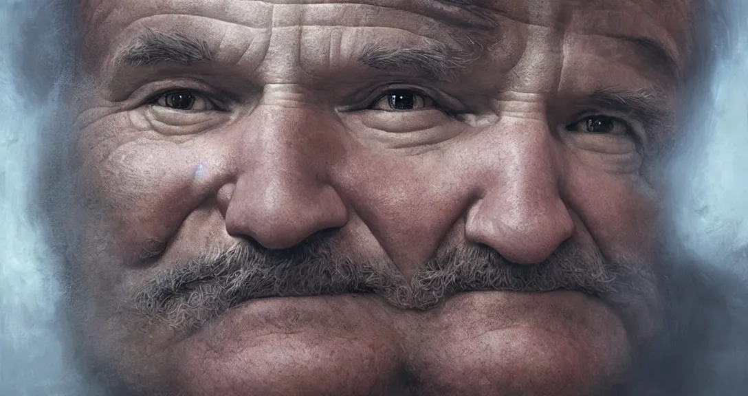 Image similar to robin williams as god, heavem, portrait, intricate, detailed, volumetric lighting, scenery, digital painting, highly detailed, artstation, sharp focus, illustration, concept art, ruan jia, steve mccurry