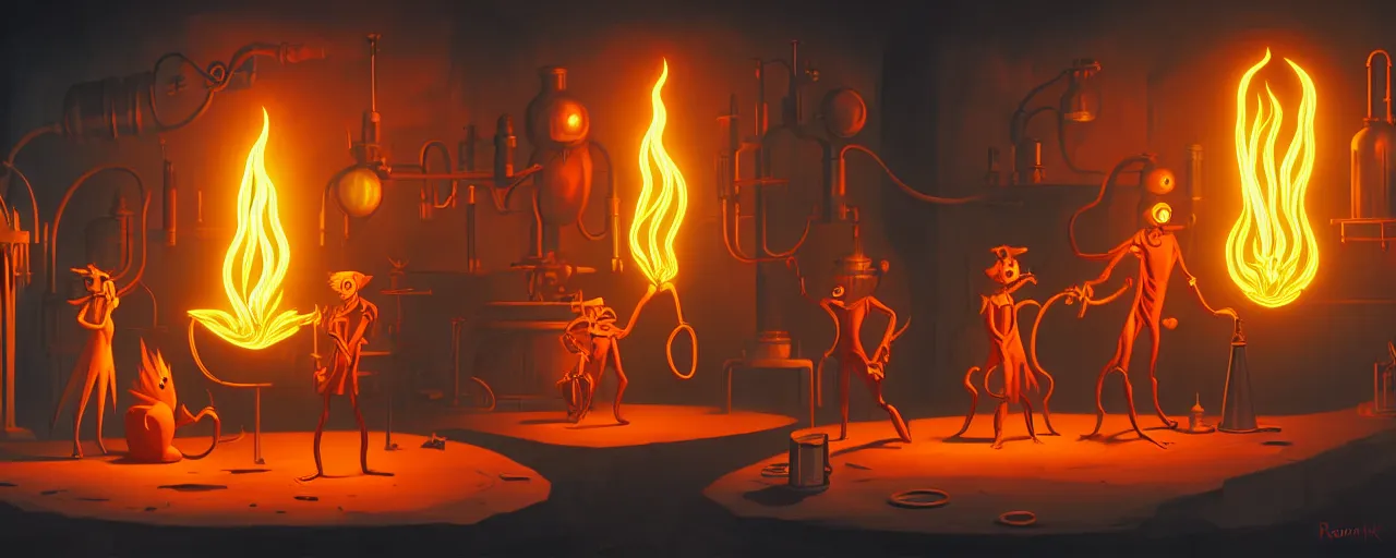 Image similar to uncanny alchemist monsters in a fiery alchemical lab, dramatic lighting, surreal 1 9 3 0 s fleischer cartoon characters, shallow dof, surreal painting by ronny khalil