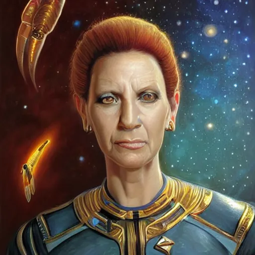 Image similar to portrait of an bajoran woman ( 3 5 ) from bajor, bajor - b'hava'el, bajoran sector, alpha quadrant, an oil painting by ross tran and thomas kincade