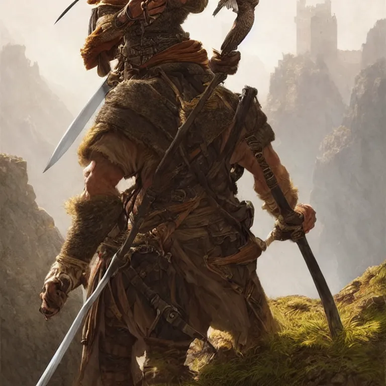 Prompt: middle age ranger with rugged expresions falcon pet on his sholder holding a long sword, top a cliff observing old ruins of a castle, elegant clothing, photorealistic render, matte patining, highly detailed, artstation, smooth, sharp focus, art by michael whelan, artgerm, greg rutkowski