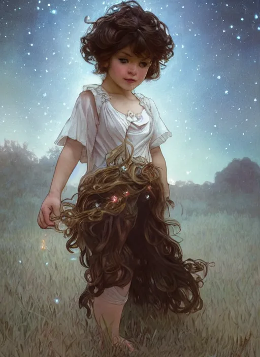 Image similar to A cute little girl with shoulder length curly brown hair. She is standing in a field at night looking up and the sky is filled with constellations. beautiful fantasy art by By Artgerm and Greg Rutkowski and Alphonse Mucha, trending on artstation.