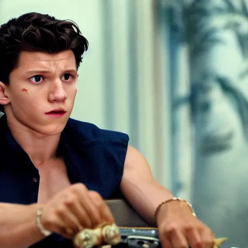 Prompt: Tom Holland plays Tony Montana in Scarface