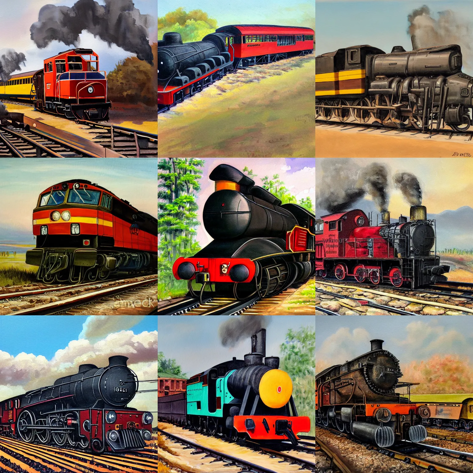 Prompt: a painting of a locomotive