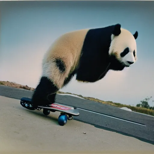 Image similar to grainy head to shoulder portrait polaroid film photograph of a panda skateboarding in california. super resolution. surreal. extremely detailed. polaroid 6 0 0 film. by annie leibovitz and richard avedon