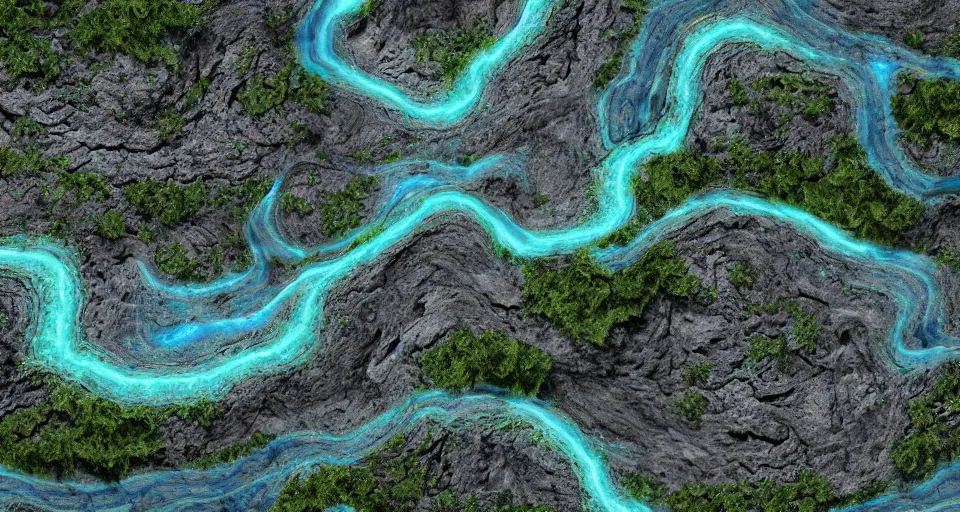Image similar to surreal karst lanscape with aboriginal patterns flowing across the surface of the land and water, rivers, canyons, detailed, bioluminescent, octane render, volumetric light, intricate, 1 6 : 9, 8 k, octane render, studio lighting, 8 k, wex digital,