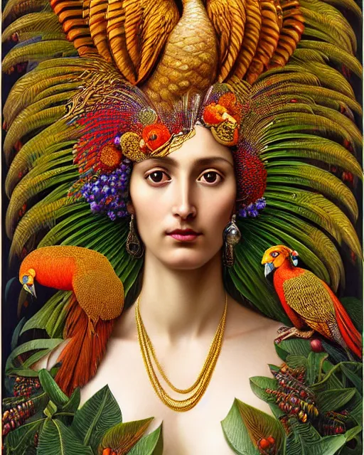 Image similar to hyperrealistic detailed face portrait of the beautiful goddess of the golden pheasants with an intricate headgear of golden pheasant, red berries, leaves, field flowers, pears, apples, art by ernst haeckel, john william godward, android jones, h. r. giger, gothic - cyberpunk, ornamental,