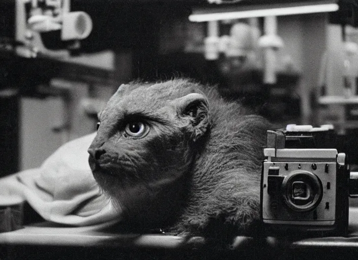 Image similar to an underexposed Fujifilm 500 photograph of a chimera in a surgical laboratory