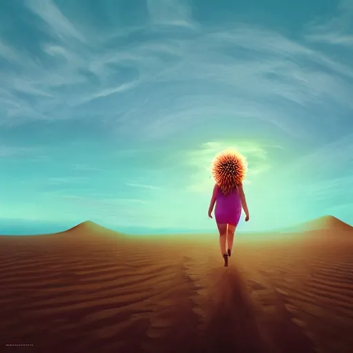 Image similar to closeup giant dahlia flower over head, girl walking between dunes, surreal photography, sunrise, blue sky, dramatic light, impressionist painting, digital painting, artstation, simon stalenhag