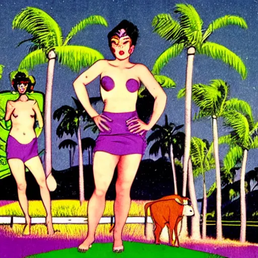 Image similar to ufo and aliens beaming up abducting cows along coast line pastures, summer night and palm trees. by patrick nagel, by norman rockwell, by virgil finlay minimalist lighting, precisionist, 1 0 0 0 0 mm. purple and green gammas.