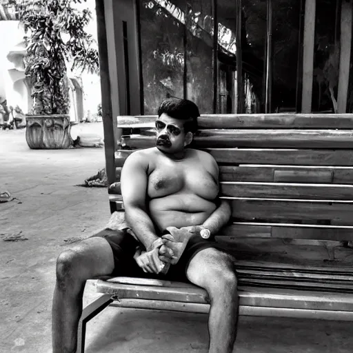 Prompt: of vinod purohit wearing a bra and relaxing on bench