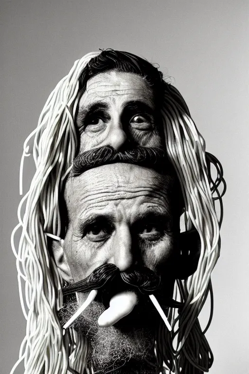 Image similar to extremely detailed portrait of old italian cook, spaghetti mustache, slurping spaghetti, spaghetti in the nostrils, spaghetti hair, spaghetti beard, huge surprised eyes, shocked expression, scarf made from spaghetti, full frame, award winning photo by george hurrell