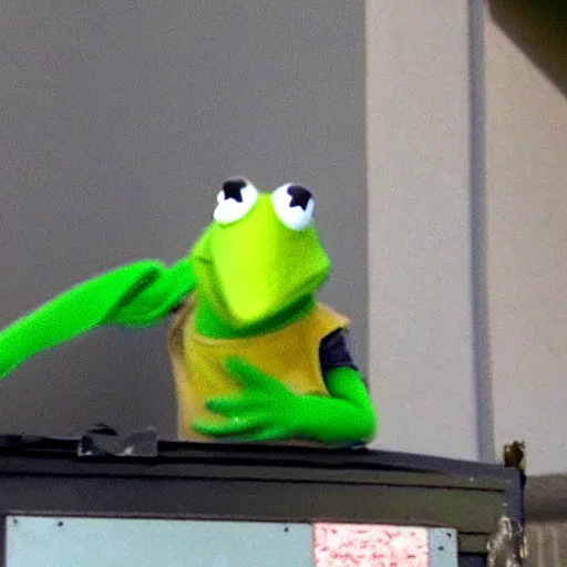 Image similar to kermit the frog wearing a mask and robbing a bank, security camera footage