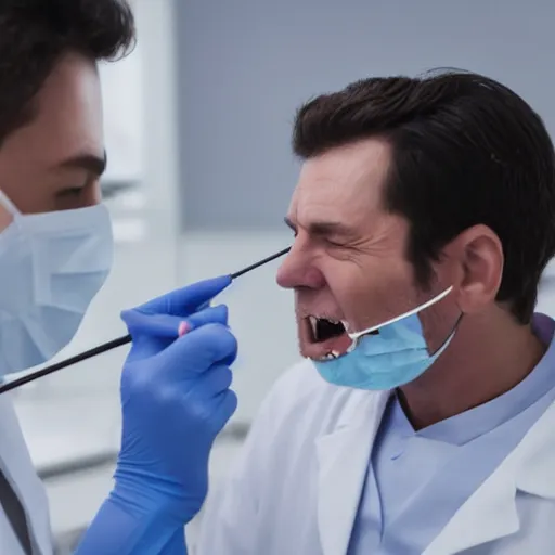 Prompt: a evil dentist preparing to pull a scared mans teeth, 4k photorealistic, cinematic