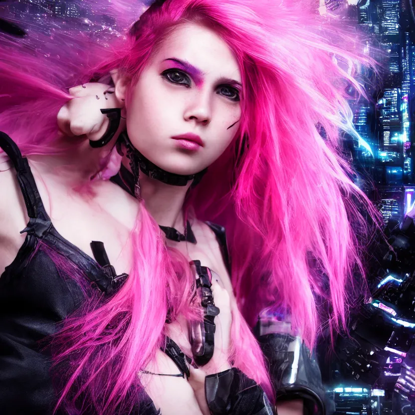 Image similar to stunning young cyberpunk girl + pink hair + black hoddy + flury skirt, living her dreams, mysterious, atmospheric, cinematic, Epic, 8k, 4k, ultra detail, ultra realistic, rendered by awesomeness