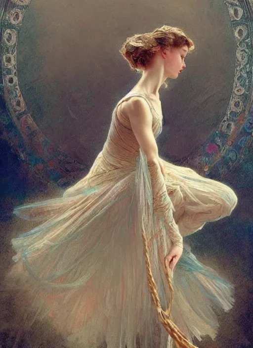 Image similar to a beautifull intricate rope painting of a dancing ballerina, reflexions, verry high details by william turner art, greg rutkowski and alphonse mucha, trending on artstation, very very detailed, masterpiece, muted colors