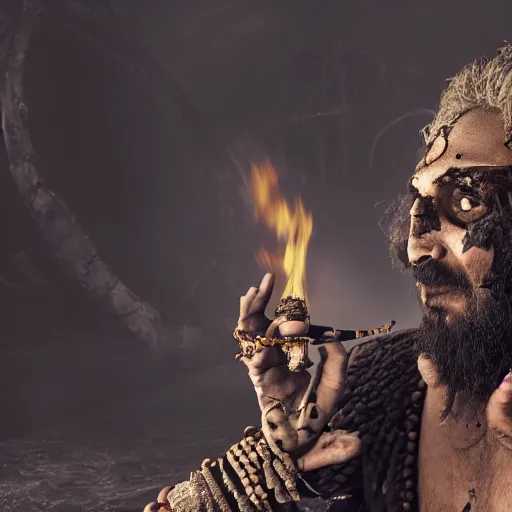 Prompt: An Aghori drinking from a skull near a cremation pyre, 4k, ominous, dark souls, Behance