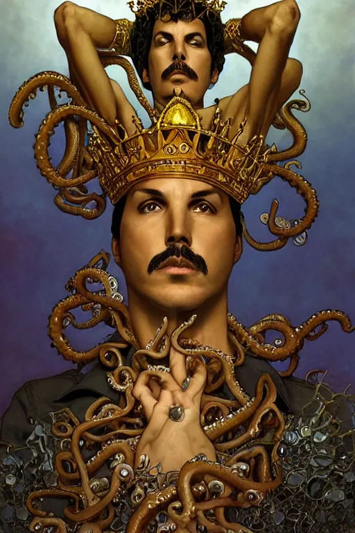 Image similar to Freddy mercury from queen, a golden crown floating above his head, tentacles coming out the ground art by Artgerm and Greg Rutkowski and Alphonse Mucha and Craig Mullins and James Jean and Andrei Riabovitchev and Marc Simonetti and peter mohrbacher, sharp focus, ominous, cosmic horror, trending on artstation, Ultra detailed, hyper realistic 4k