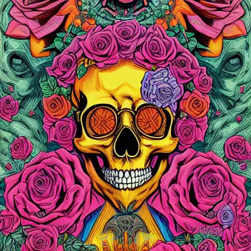 Image similar to ortographic view of large skulls and vivid roses by Jen Bartel and Dan Mumford and Satoshi Kon, gouache illustration, vivid colors