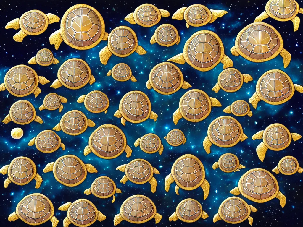 Prompt: portrait of a stack of celestial turtles with the flat earth on the back of the top one, white and gold scales, fantasy, intricate, highly detailed, digital painting, artstation, concept art, smooth and sharp focus