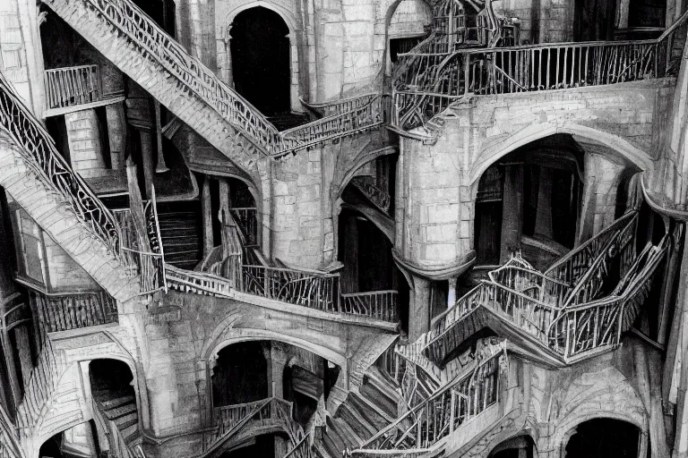 Image similar to Hogwarts stairwell, looking down from above,by MC Escher black and white