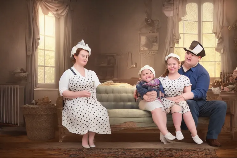 Image similar to charming and chubby parents and their baby girl, wearing a polka dot cloths and a victorian - style hairdo, sits in the large and bright studio. sunlight enters through the barred window. very realistic shiny skin. subsurface scattering shiny skin. beautiful lighting, 4 k post - processing, highly detailed, 5 k extremely detailed, 3 d. cinematic scene.