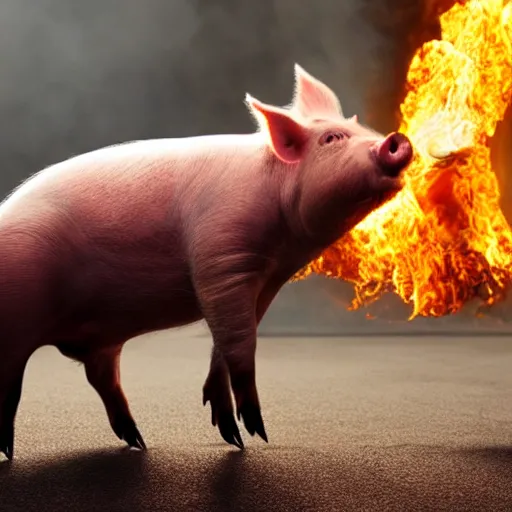 Prompt: Live Action Still of pig spitting fire, real life, hyperrealistic, ultra realistic, realistic, highly detailed, epic, HD quality, 8k resolution, body and headshot, film still, Exquisite detail, post-processing, masterpiece, Cinematic Lighting, Unreal Engine, 8k, HD, white background
