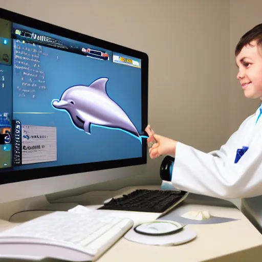 Image similar to A dolphin wearing a chemist outfit playing games on a computer