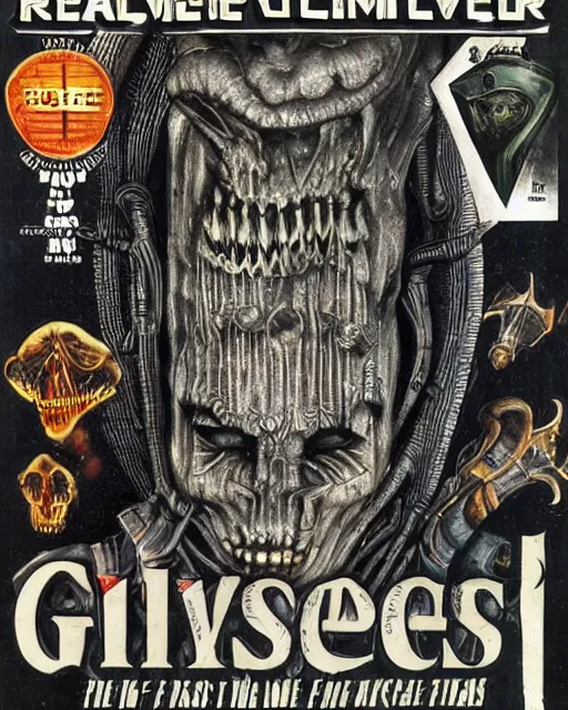 Prompt: videogame cover art, magazine by hr giger