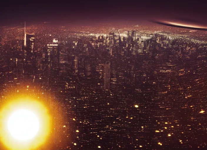 Image similar to film still of the moon shattering into pieces over manhatten in the new disaster movie, 8 k, night time