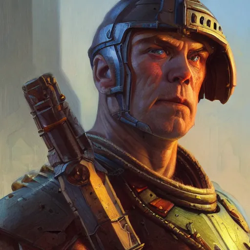 Image similar to the doomguy as a realistic d & d fantasy character, closeup portrait art by donato giancola and greg rutkowski, vintage retro, realistic face, digital art, trending on artstation, symmetry!!