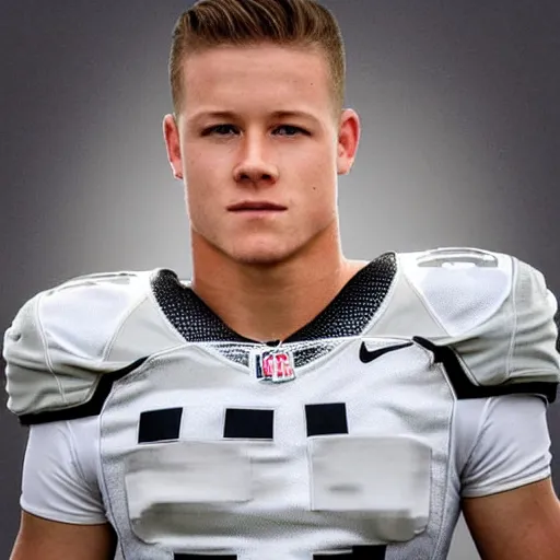 Image similar to “ a realistic detailed photo of a guy who is an attractive humanoid who is half robot and half humanoid, who is a male android, football player christian mccaffrey, shiny skin, posing like a statue, blank stare, on the field, on display ”