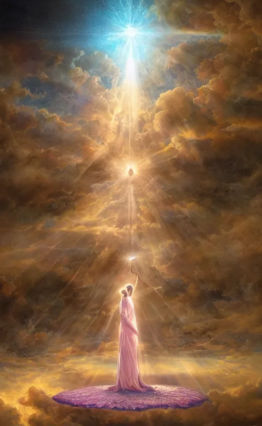 Image similar to peaceful uncertainty of saying goodbye, crossing over the spiritual veil to heaven, sharp focus, intricate, elegant, digital painting, artstation, matte, highly detailed, concept art, illustration, volumetric lighting, gold and blue and pink color scheme, bokeh light, art by greg olsen, arnold friberg, and liz lemon swindle